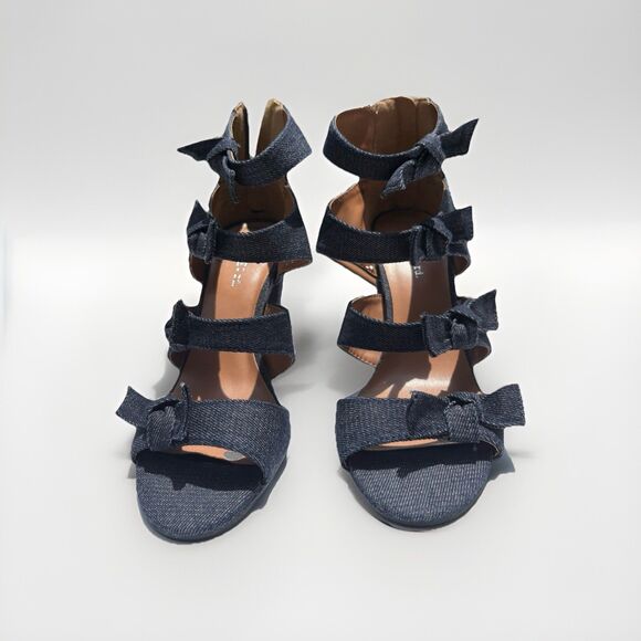 Indigo Rd Denim Bow Heel Sandals Women’s Size 7M Blue Open Toe Summer Shoes - Picture 2 of 9